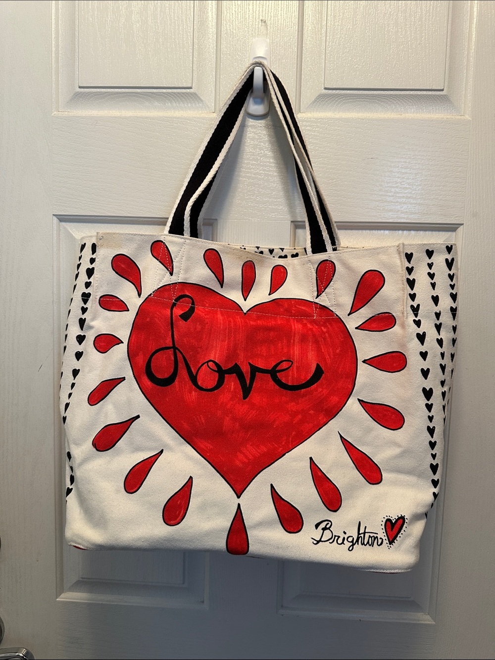 Brighton Cream Canvas Tote with Red Heart and Black Accents & Doves